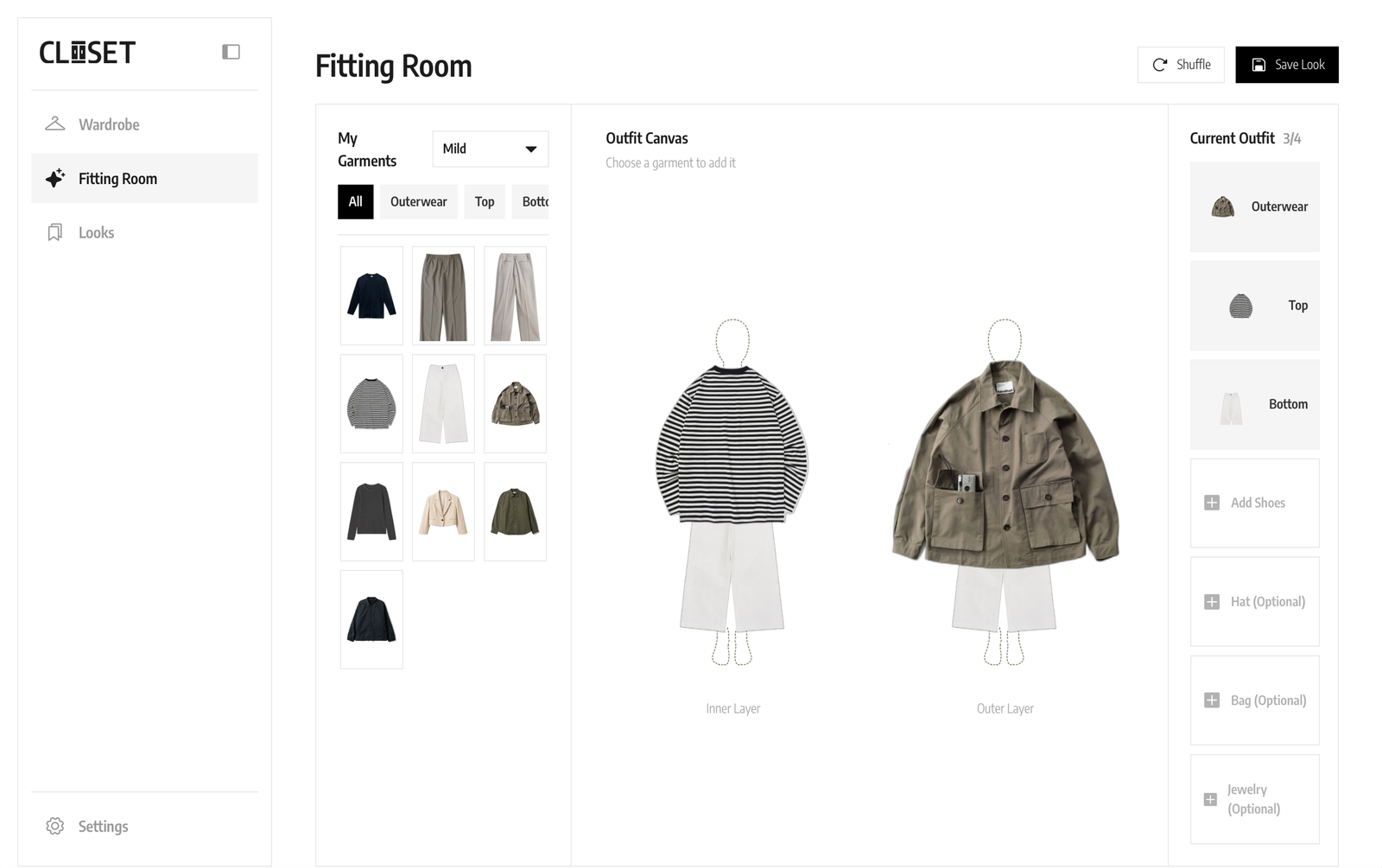 CLOSET Fitting Room — an outfit taking shape on the canvas